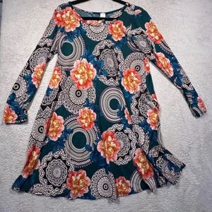 Now N Forever Floral Print Dress Long Sleeve Pockets Green Women Medium USA Made